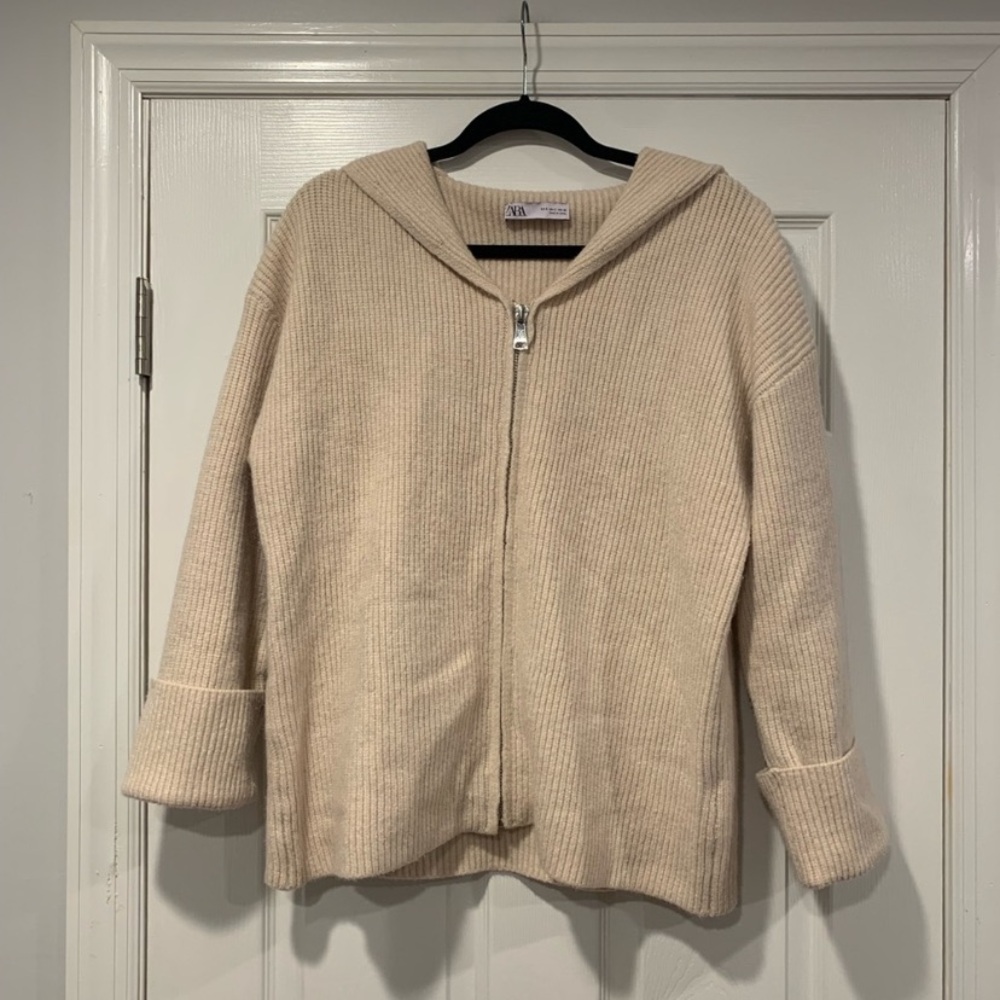 Zara Ecru Rib Knit Zip Cardigan Sweater